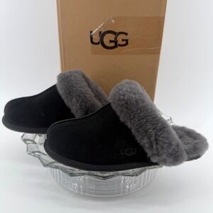 UGG Scuffette II Slippers Women 7 Black Suede Sheepskin Lining 1106872 NEW BOX
